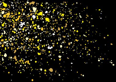 Gold glitter explosion on black background. Golden festive blow.