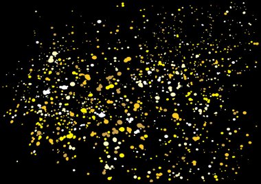 Gold glitter explosion on black background. Golden festive blow 