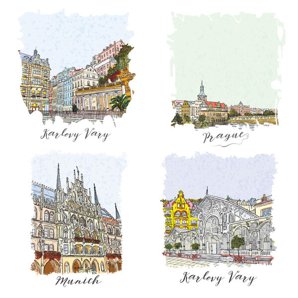 Set of creative artistic travel invitations.