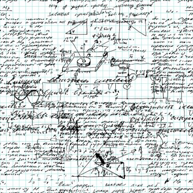 Math seamless pattern handwritten on a grid copybook paper