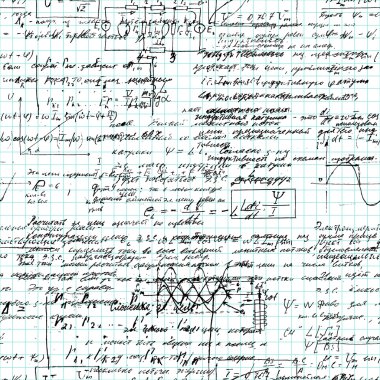Math seamless pattern handwritten on a grid copybook paper