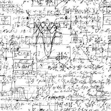 Math seamless pattern with handwriting of various operations and step by step solutions.