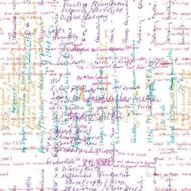 Vector seamless pattern with real hand written Latin text in color on white paper.