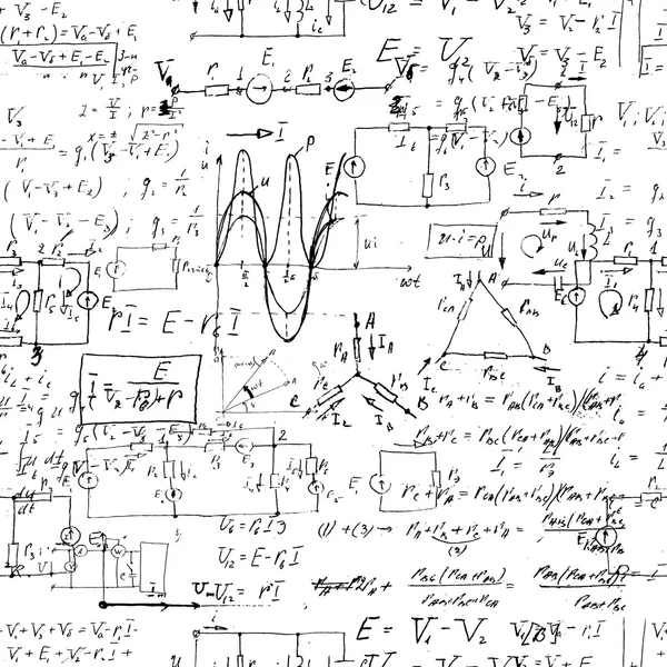 Nahtloser endloser Musterhintergrund mit handgeschriebenen mathematischen Formeln, — Stockvektor