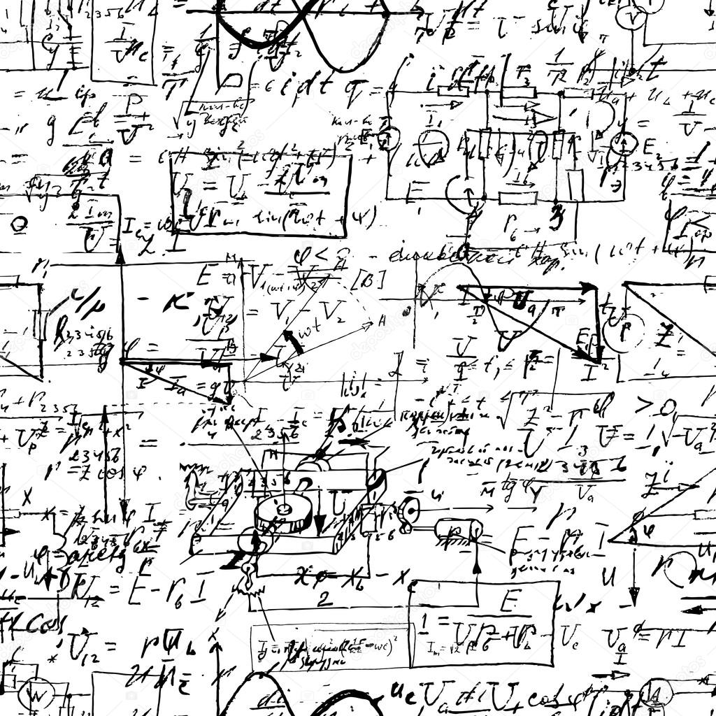 Math seamless pattern with handwriting of various operations and step by step solutions.