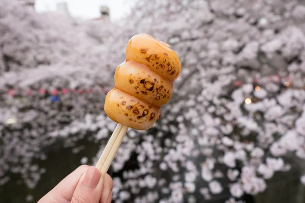 Japanisches süßes Rezept Dango gegrillt mit Sakura-Hintergrund — Stockfoto