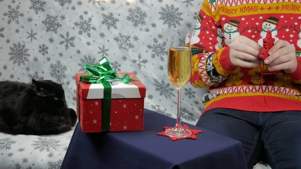 New Year Holidays Young Guy Opens Wraps Gift Champagne New — Stock Photo, Image