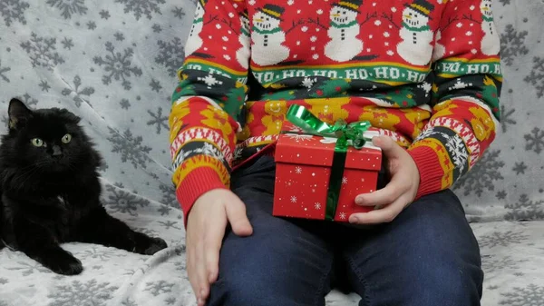 Yeni yıl tatili genç adam bir hediye açar ve paketler, şampanya, yeni yıl hediyeleri, yeni yıl süsleri ve iyi bir ruh hali ve siyah bir kedi.