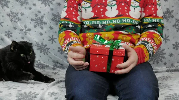 Yeni yıl tatili genç adam bir hediye açar ve paketler, şampanya, yeni yıl hediyeleri, yeni yıl süsleri ve iyi bir ruh hali ve siyah bir kedi.