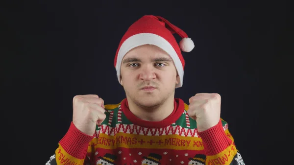 Young Handsome Guy Shows Emotion Anger Wearing Red New Year — Stock Photo, Image