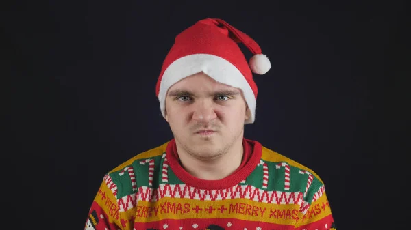 Young Handsome Guy Shows Emotion Anger Wearing Red New Year — Stock Photo, Image