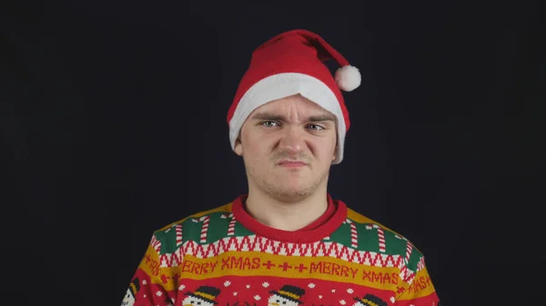 Young Handsome Guy Shows Emotion Doubt Disgust Wearing Red New — Stock Photo, Image