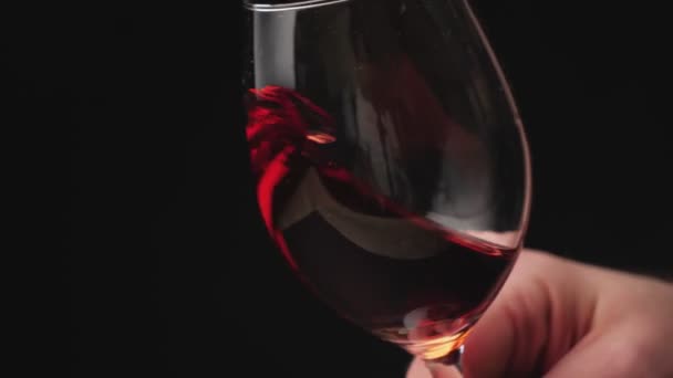 Ręka Mężczyzny Trzyma Szklankę Czerwonego Wina Lekko Potrząsa Szklanką Czarnym — Wideo stockowe