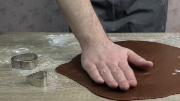 Young Chef Carves Shape Heart Gingerbread Dough Using Iron Shapes — Stock Video