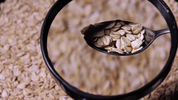 Zbliżenie Łyżki Ryżem Przez Szkło Powiększające Duża Ilość Ryżu Wirującego — Wideo stockowe