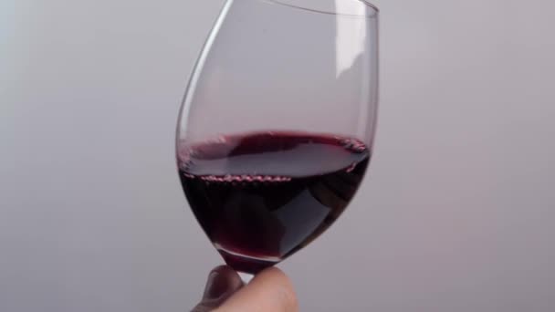 Man Hand Slightly Shakes Glass Goblet Which Red Wine Alcohol — Stock Video