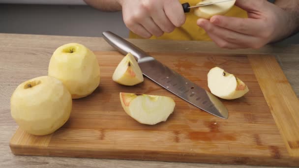 Fresh Apples Slicing Preparing Apples Making Olivier Salad Salad Making — Vídeo de Stock