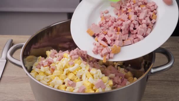 Boiled Sausage Cutting Preparing Sausages Kneading Olivier Salad Concept Preparing — Αρχείο Βίντεο