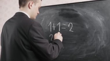 Siyah takım elbiseli bir öğretmen kara tahtaya tebeşirle, matematiksel denklemlerle yazar. Okul kavramı