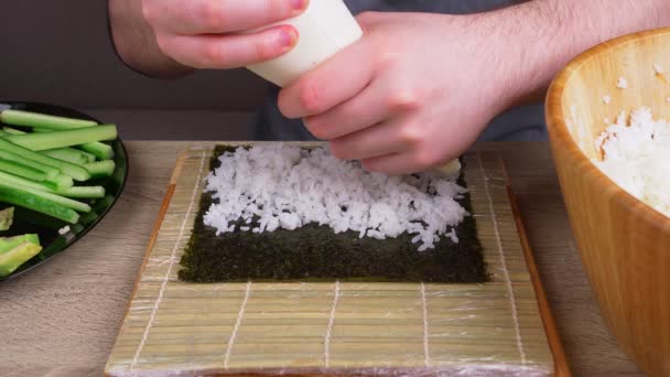 Young Chef Learning Cook Rolls Different Products Making Rolls Sushi — Stock Video