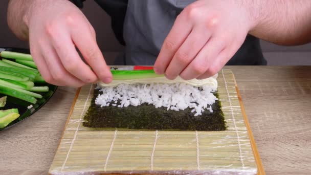 Young Chef Learning Cook Rolls Different Products Making Rolls Sushi — Stock Video