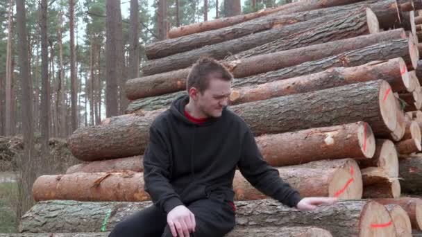 Forest Fallen Trees Lie Heaps Guy Grieves More Trees Felling — Stock video