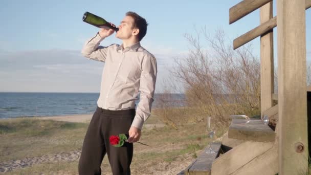 Guy Waiting Girl Date Tired Waiting Drinks Champagne Wearing Shirt — Stock Video