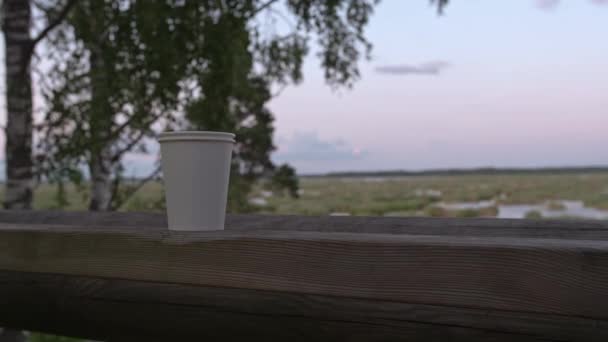Copo Com Uma Bebida Fica Balcão Madeira Atrás Fundo Natureza — Vídeo de Stock
