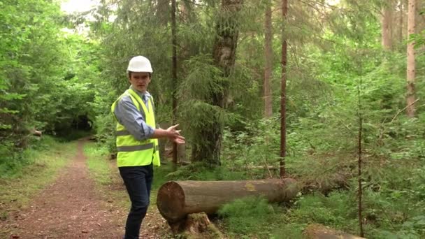 Young Ecologist Builder Outraged Littered Trees Wearing Reflective Vest White — Stock Video