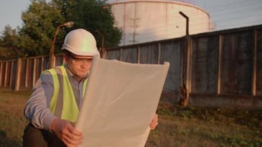 Genç elektrik mühendisi çalışmaktan yoruldu. Oturdu ve koruyucu giysi ve kalın bir şapka giydiğini düşündü. Kavram. teknoloji, yeşil, elektrik, kule