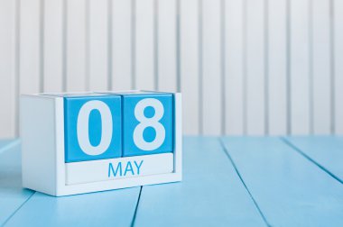 May 8th. Image of may 8 wooden color calendar on white background.  Spring day, empty space for text.  World Red Cross and red Crescent Day