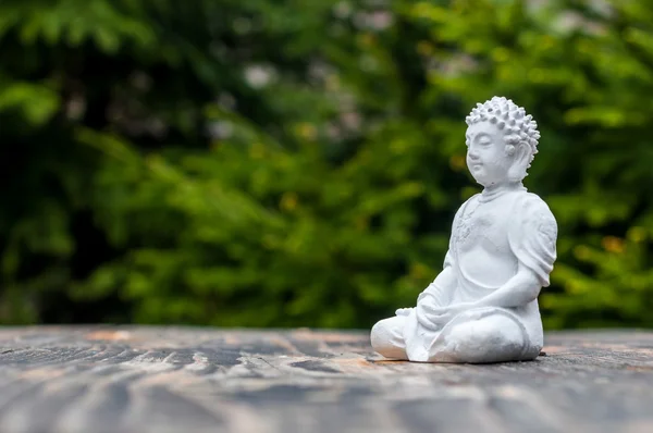 Buddha-Skulptur auf grünem Hintergrund erleuchtet. Yoga und Meditation — Stockfoto