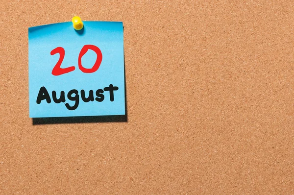 August 20th. Day 20 of month, color sticker calendar on notice board. Summer time. Empty space for text — Stock Photo, Image