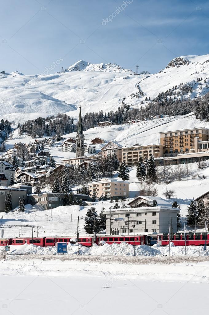 Mountain ski resort in winter. Railway station at St. Moritz.