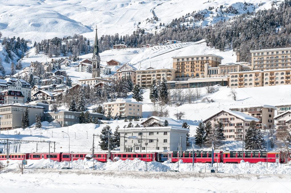 Mountain ski resort in winter. Railway station at St. Moritz.