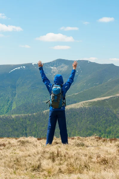 Tourist, Mensch und Erfolg in den Bergen mit erhobenen Armen. Laufen, Sport, Fitness, gesunder Lebensstil im Freien, Natur im Herbst — Stockfoto