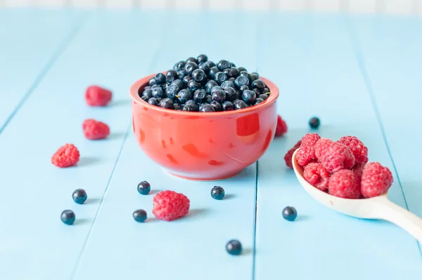 Fresh blueberries in a bowl and berries on light wooden rustic background, closeup, horizontal, close-up Royalty Free Stock Images