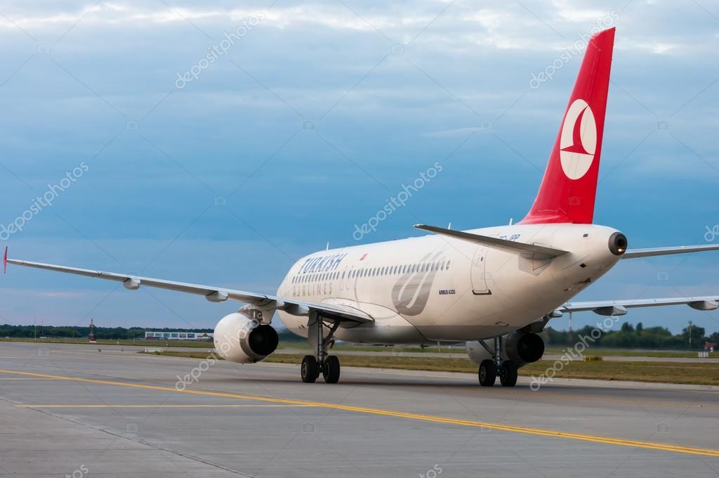 KIEV, UKRAINE - JULY 10, 2015: Turkish Airlines Airbus A320 at Borispol International Airport, Kiev, Ukraine. TurkisH Airline has over 18,000 employees and a fleet of 261