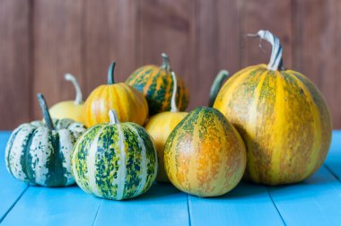 Sonbahar sebze ahşap kahverengi zemin ve Mavi Masa