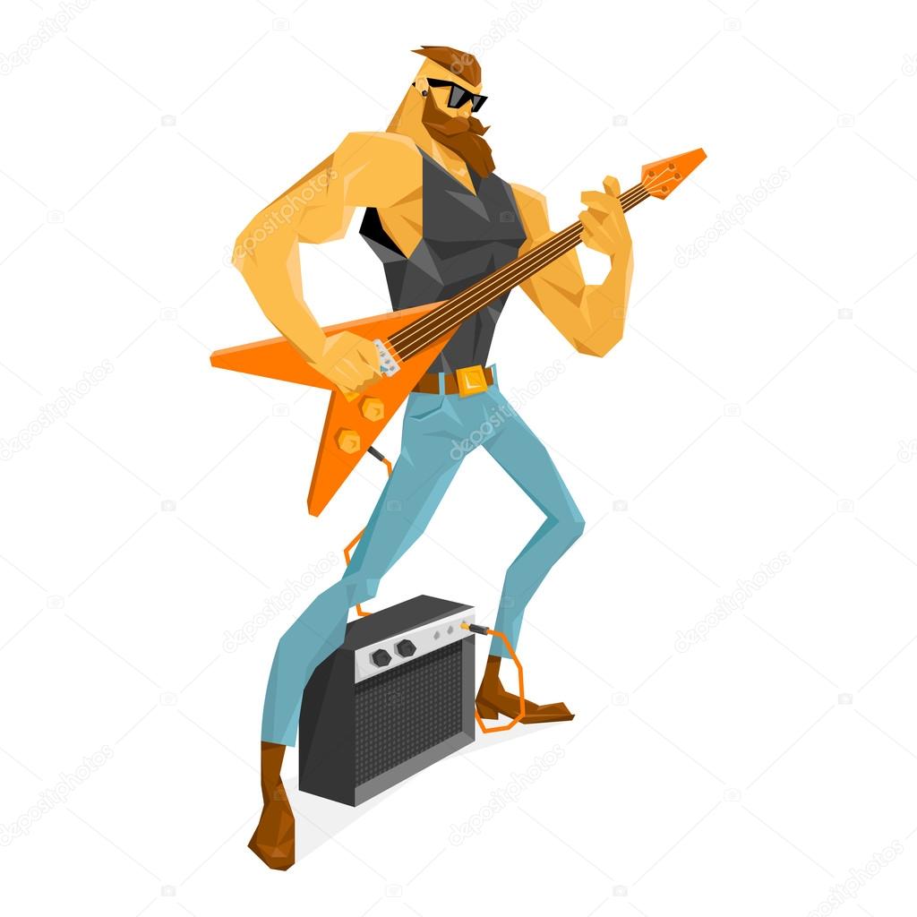 Manly and cool Rockstar guitarist with the beard is playing the guitar.