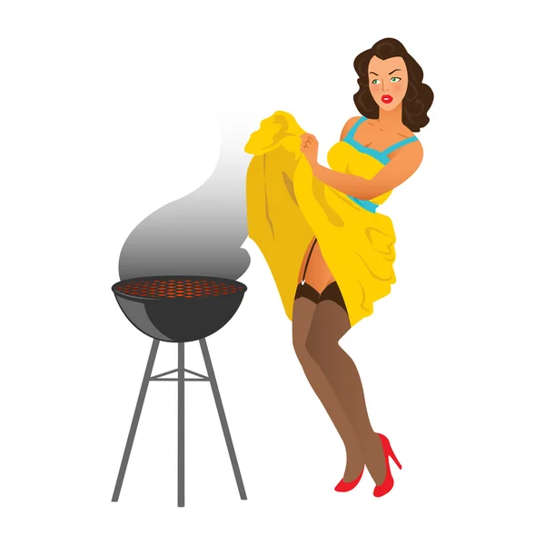 Pin-up girl en de barbecue grill. — Stockvector