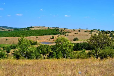 Bulgaristan ve aydınlık gün boyunca şirin ve küçük köylerin manzaraları. Sarı çimenler ve mavi gökyüzü olan doğal kara. Küçük göl.