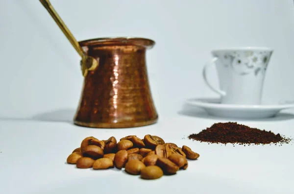 Turkse Caffee Inhoud Gereedschappen Koffiepot Voor Turkse Koffie Traditionele Turkse — Stockfoto