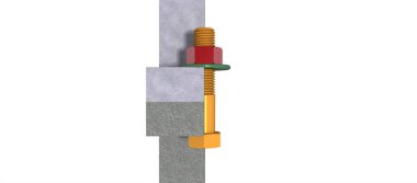 Cıvatalı, vidalı ve çamaşır makineli iki bileşenin montajı. Renkli bir isim. 3B görüntüleme.