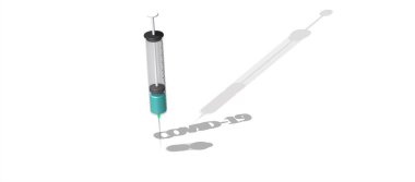 Covid-19 salgınına karşı aşı araştırması. İğne ve aşıyla plastik tıbbi şırınga. Arka planda izole edilmiş. 3 boyutlu görüntüleme. Covid-19 Gölgeleri Yazıyor.