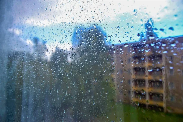 Gotas Chuva Janela Chemnitz Durante Tempo Nublado — Fotografia de Stock