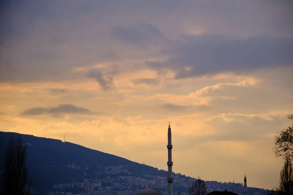 Enorma Plan Träd Och Minaret Med Ulu Berg Uludag Solnedgången — Stockfoto