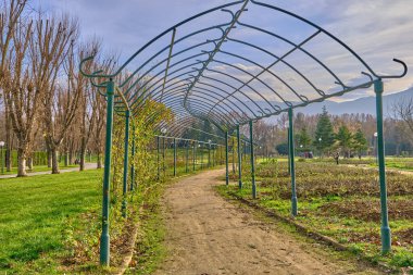 Yürüyen patika ve metalden yapılmış yeşil renkli askı büyük ve büyük bir dağ arkaplanı..