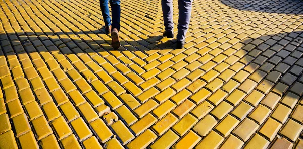 Caminantes Animado Adoquín Amarillo Camino Peatonal Sofía Bulgaria Hombres Con —  Fotos de Stock