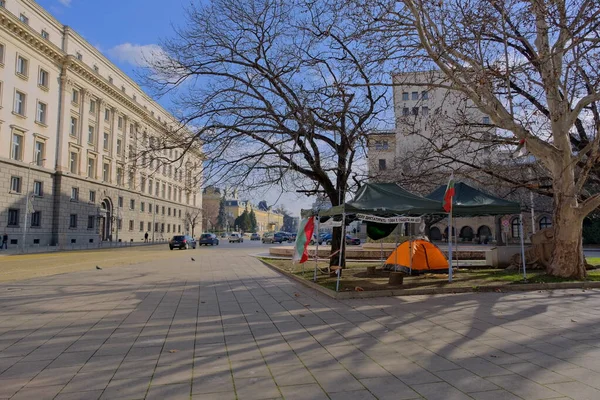 Bulgarie Sofia 2021 Camping Protestataire Près Des Bâtiments Gouvernement Ancien — Photo